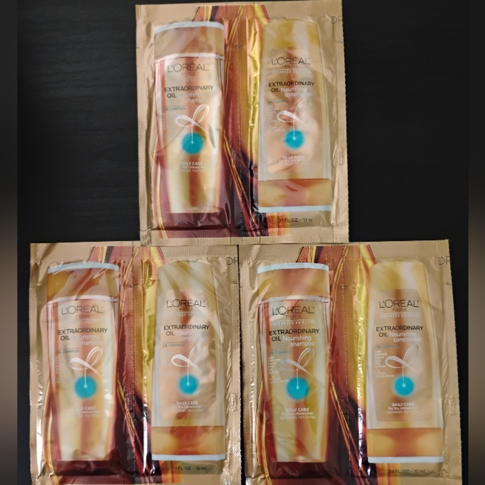 3 L'Oreal Extraordinary Oil Nourishing Shampoo & Conditioner Travel Packet Sets